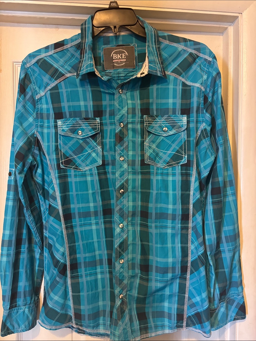 BKE Men's Teal Plaid Button-Up Shirt Size XL Tailored Fit Snap Buttons